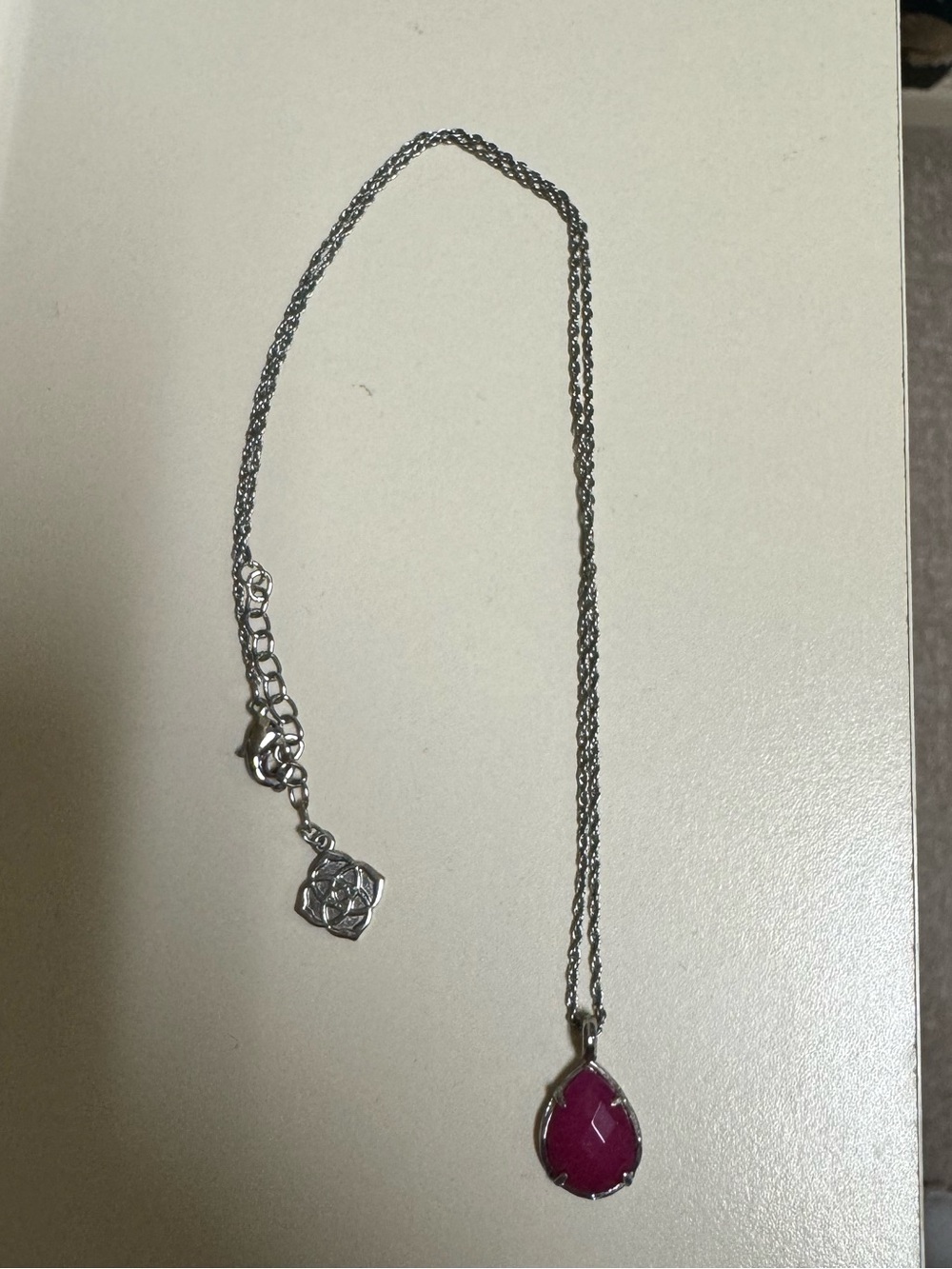 Silver Necklace with Pink Teardrop Pendant